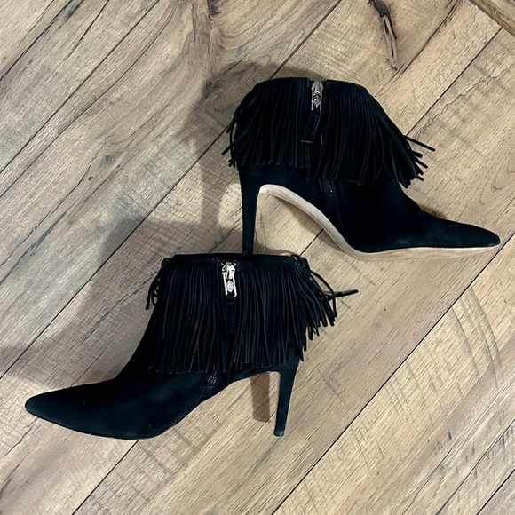 Sam Edelman Kandice Black Suede Fringe Ankle Booties - Picture 6 of 13